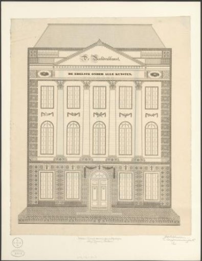 Copperplate print with the decorated façade of a house, 1839