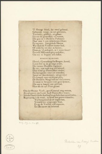 Satirical poem on the anti-Stadtholder position of the city of Dordrecht
