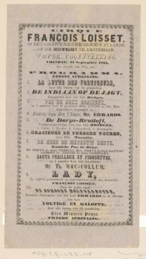 Cirque François Loisset. In the large new building standing on the Nieuwmarkt in Amsterdam. Fifth performance. Friday, 14 September 1855