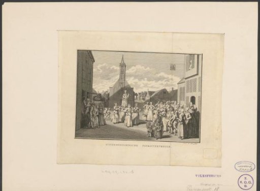 Girl with a flute (Pentecost flower) carried on a bier by four girls during the Pentecost festival in Schermerhorn