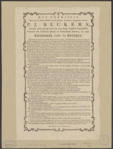 P.J. Beckers, who has brought a very Fine Art Cabinet, equipped with Various Fine and Excellent Pieces, as follows: Coriolanus among the Volscians