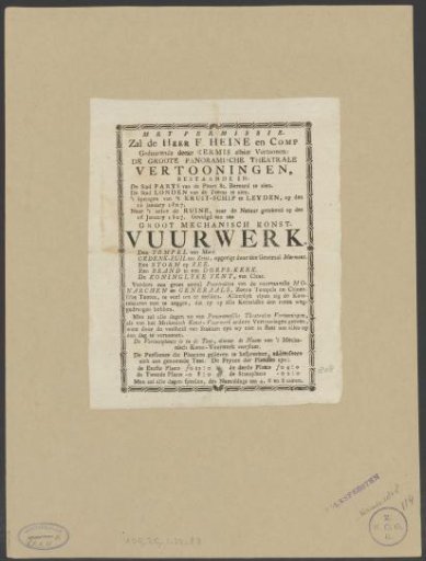 With permission. Mr. F. Heine and Company will during this fair here exhibit: The Great Panoramic Theatrical Exhibitions (...) Followed by a Large Mechanical Art Firework
