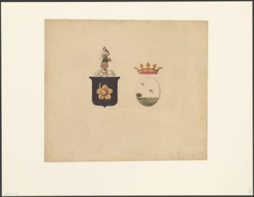 Coat of arms with a flower and a coat of arms with flying birds, a fleur-de-lis and two fish