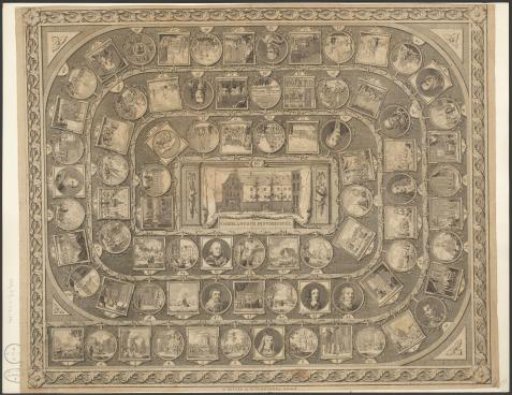 Board game with events and portraits of important figures from Dutch history