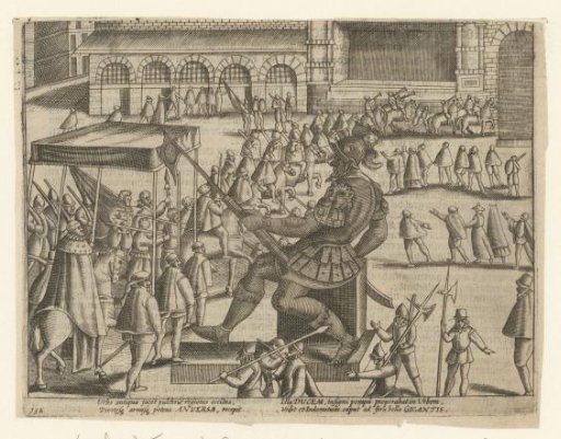 Entry of the Duke of Anjou into Antwerp; the procession passes the statue of the giant Antigoon on the Grote Markt, 1582