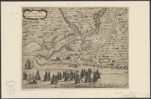 Forts at the mouth of the Rio Paraiba in Brazil captured by Admiral Lichthart, 1634