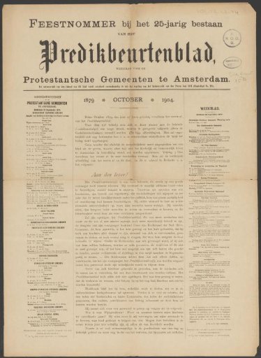 Predikbeurtenblad, weekly for the Protestant congregations in Amsterdam
