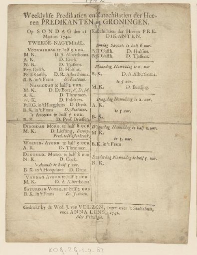 Announcements of sermons in Groningen, March 11, 1742