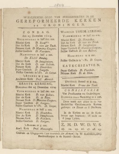 Sermons in Groningen during the week of December 23, 1804