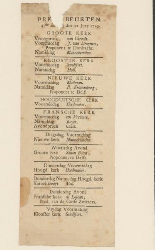 Sermons in Groningen during the week of June 22, 1749