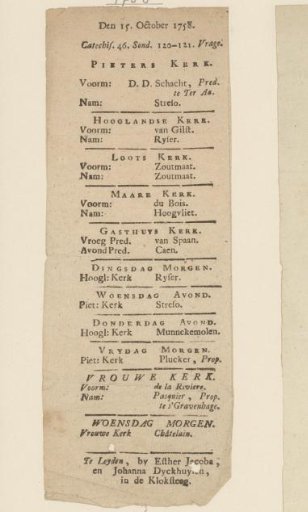 Sermons in Leiden during the week of October 15, 1758