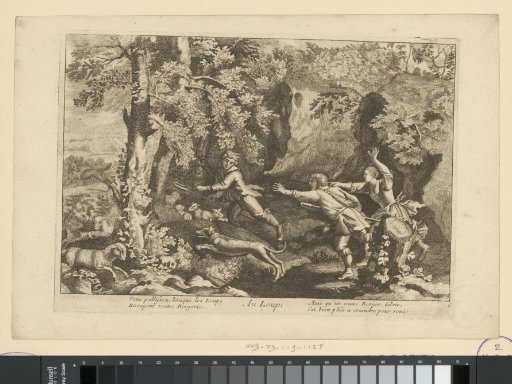 Shepherds chasing a wolf with a lamb in its mouth