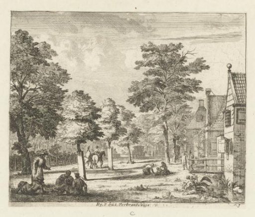 Seated figures along a row of trees and houses