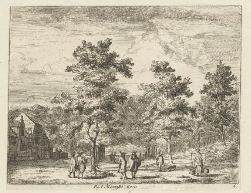 Walking figures on an avenue with trees