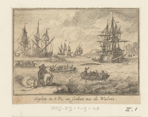 Whale hunting in the ice sea, with several polar bears in the foreground