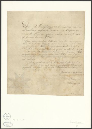 Membership of Dirk de Smeth in the Society for the Promotion of Agriculture