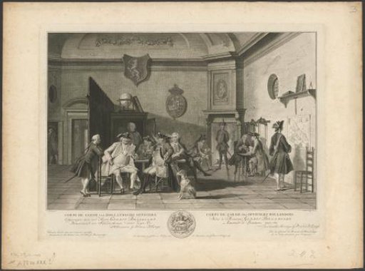 Waiting room with reading, smoking and card-playing officers