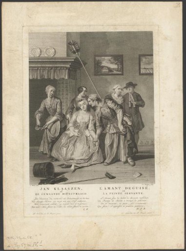 Interior with Saartje on a chair, surrounded by domestic staff