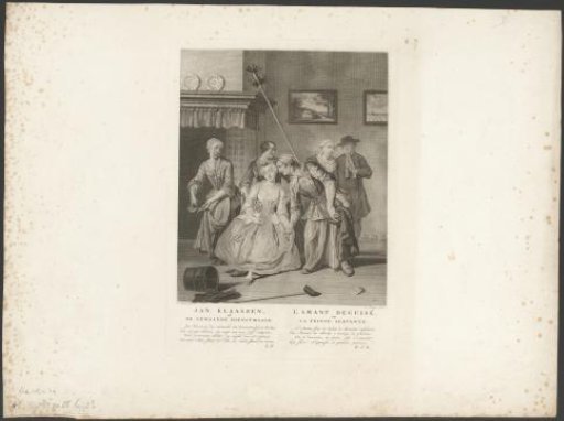 Interior with Saartje on a chair, surrounded by domestic staff