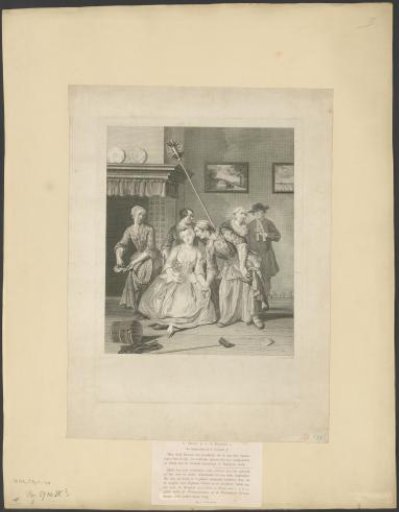 Interior with Saartje on a chair, surrounded by domestic staff