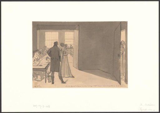 Christiaan Andriessen having a conversation with Miss Zeydelaar at the girls' boarding school in Weesp