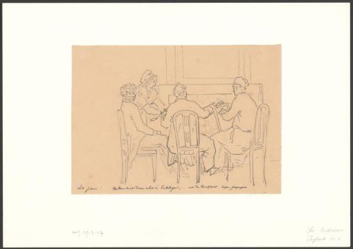 Company discussing Die Zauberflöte by the fireplace