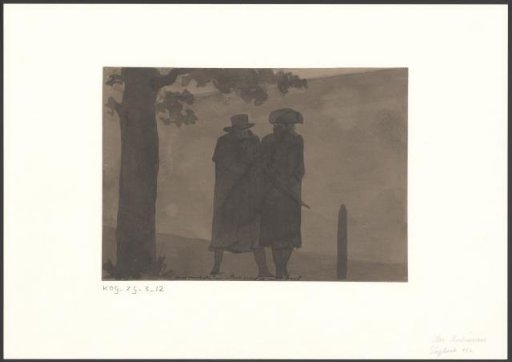 Two men walking cautiously on a misty evening