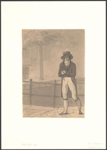 Christiaan Andriessen with a tall hat at a bridge rubs his hands together on a cold June day