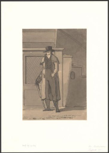 Christiaan Andriessen with a tall hat and umbrella waiting at the door
