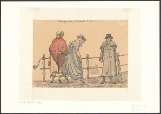 Two women in Empire dress, trying to keep their shoes dry in the melting snow