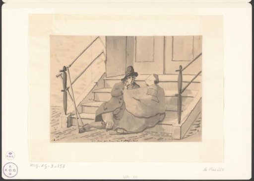Two poor people eating on the steps of the Diaconie Oude Mannen en Vrouwenhuis