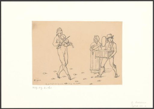 Three Street Musicians, One of Whom Is a Blindfolded Violinist