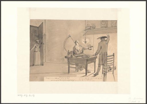 Old Year sits at a table and New Year points to the clock