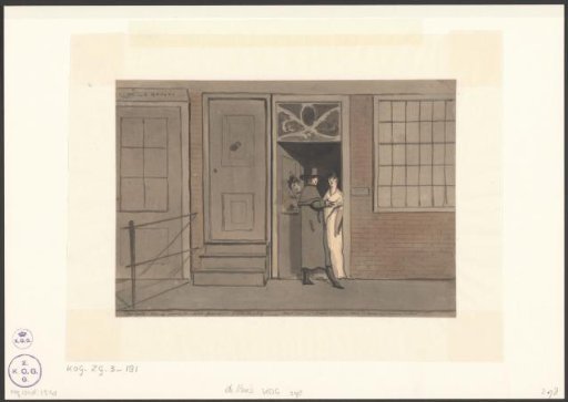 Christiaan Andriessen in conversation with two ladies in the doorway of their house