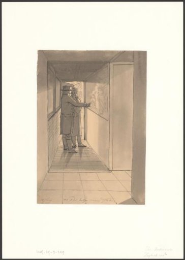 Christiaan Andriessen examines a drawing or painting in a corridor with someone
