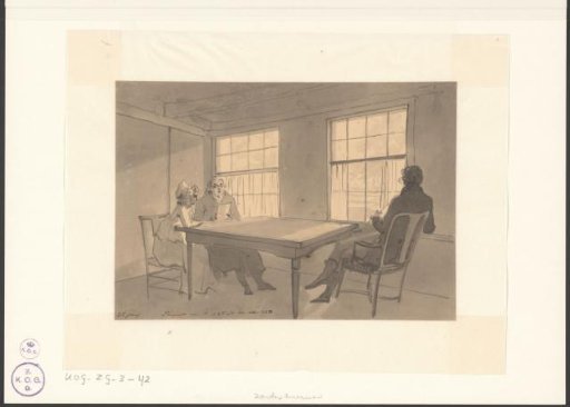 Man reading from a paper while Christiaan Andriessen and a woman listen