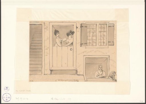 Two women looking down at an old woman and cat in the lower door