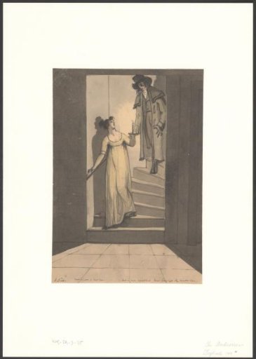 Woman leads a man through a stairwell