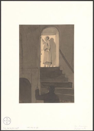 Interior of a hallway and a man setting the clock