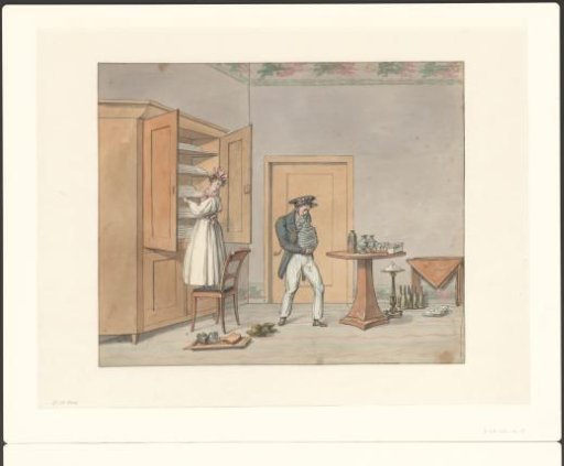 Interior with a Man Holding a Stack of Plates and a Woman at a Linen Cupboard