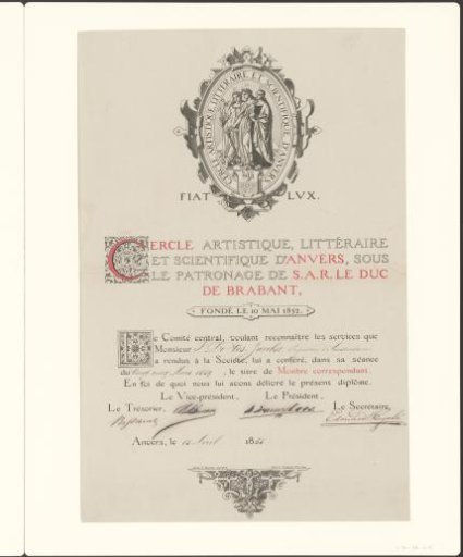Diploma from 1865 of the 'Cercle Artistique, Litteraire et Scientifique d'Anvers' for P. de Vos Jacobsz