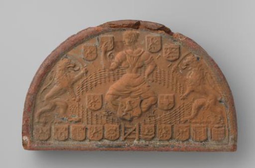 Fireplace surround depicting the Dutch Maiden and the arms of the Seventeen Provinces