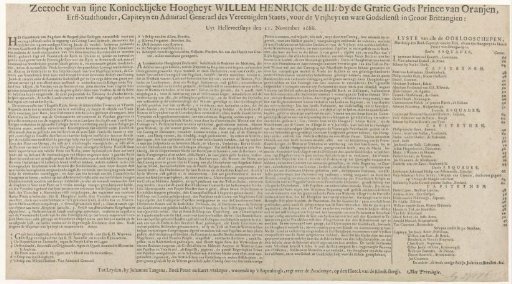 Sea voyage of His Royal Highness Willem Hendrik III; by the Grace of God Prince of Orange, Hereditary Stadtholder, Captain and Admiral General of the United Provinces, for the Liberty and true Religion in Great Britain: From Hellevoetsluys on 11 November 1688
