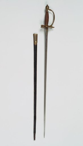 Double-edged officer's sword with black leather scabbard