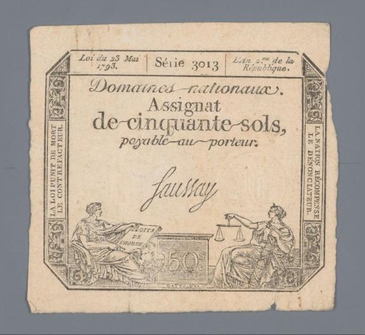 Assignat of fifty sols, series 3013, issued 23 May 1793
