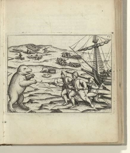 Crew in fight with polar bears near the stranded ship, 1596