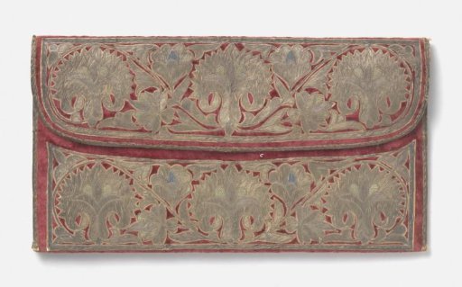 Bag in a flat, rectangular model of red velvet with embroidery in gold and silver thread bearing the inscription 'Francois Louis Vander Wiellen' and 'Constantinopoli 1696'