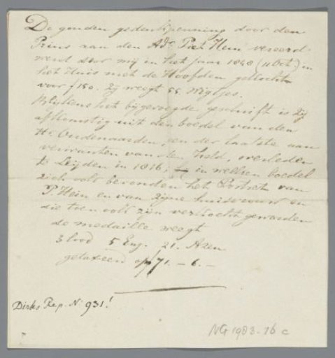 Handwritten note accompanying the Piet Hein medal