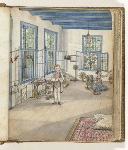 Living room with son Jantje and Flora, an enslaved woman, at a spinning wheel