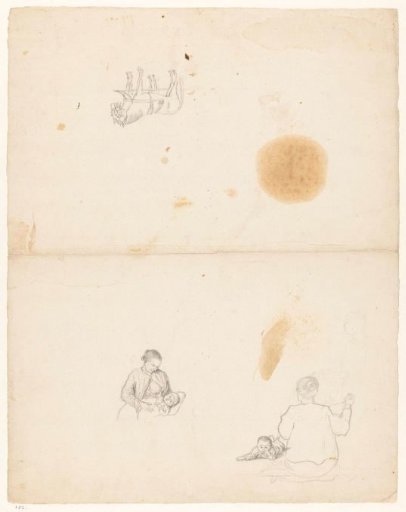 Sketches of a woman with a baby and horses at the shaft